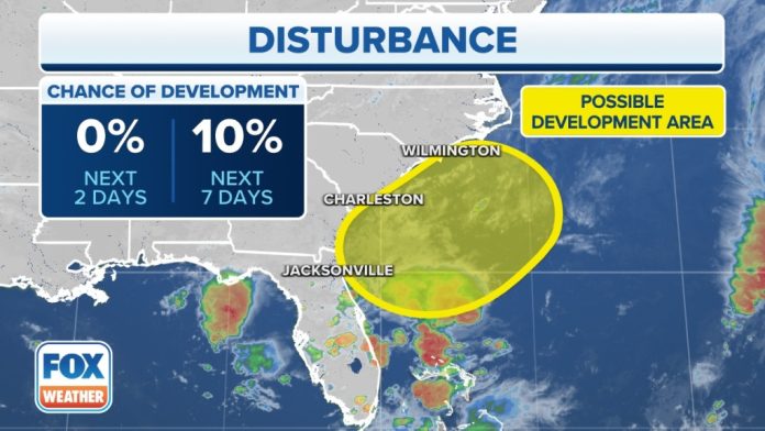 Travel plans could be ruined by heavy rains in the East Coast before Memorial Day Weekend.

 The FOX Weather Center is tracking an unusual weather scenario that could lead to a tropical storm developing over the western Atlantic, causing a washout holiday weekend for parts of the Carolinas.


 The National Hurricane Center (NHC), in a Tropical Weather Outlook published on Wednesday afternoon, said that there was only a 10% probability that the storm would become a tropical cyclone or subtropical cyclone. This is because the storm is 